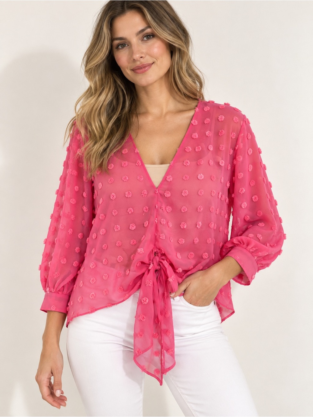 Zara Bright Pink Sheer Tie-Front Blouse